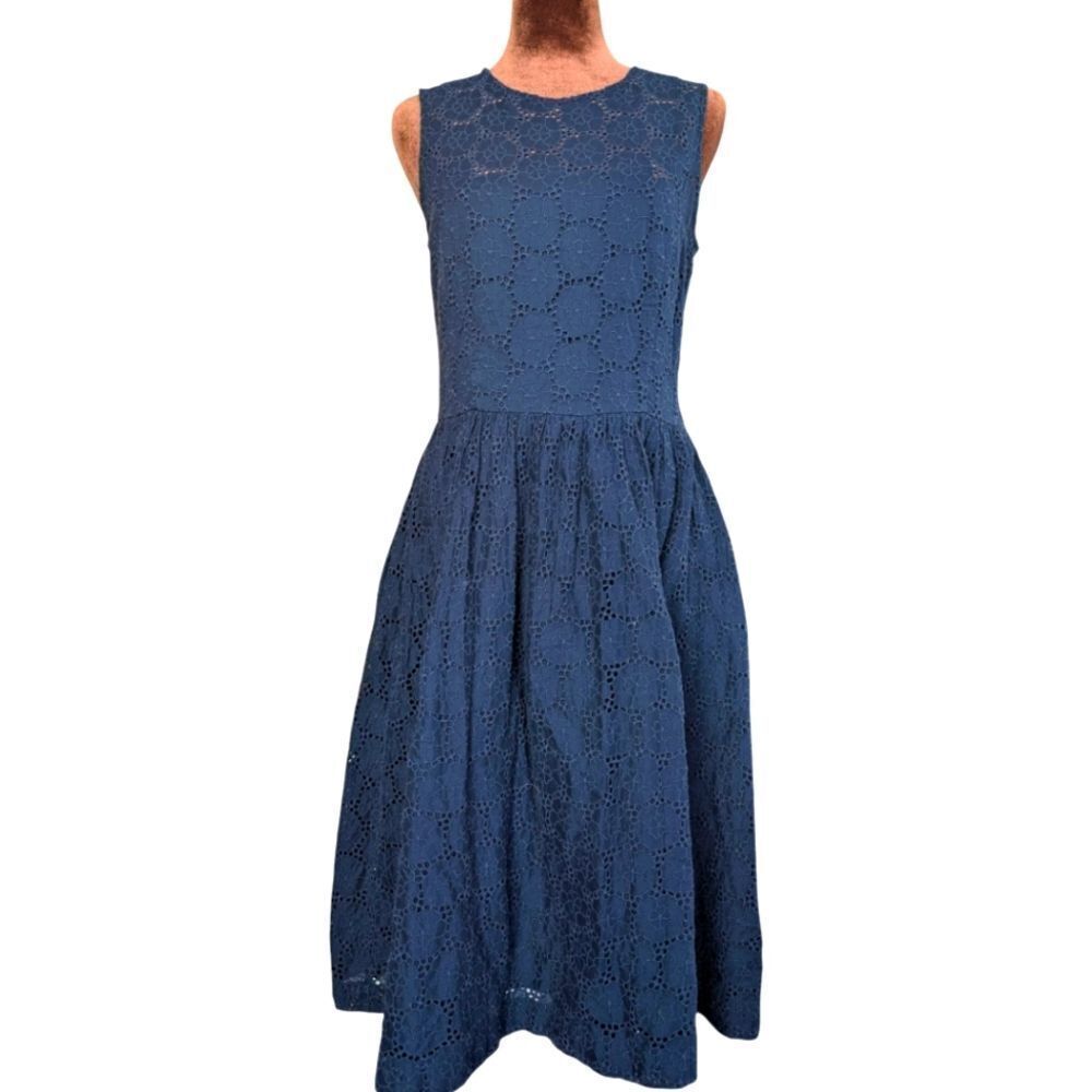 French Connection fit and flare cotton Embroidered Eyelet navy midi dres…